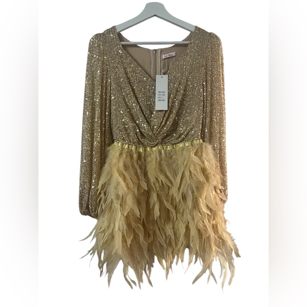 Le Rose Gold Sequin Feather Dress